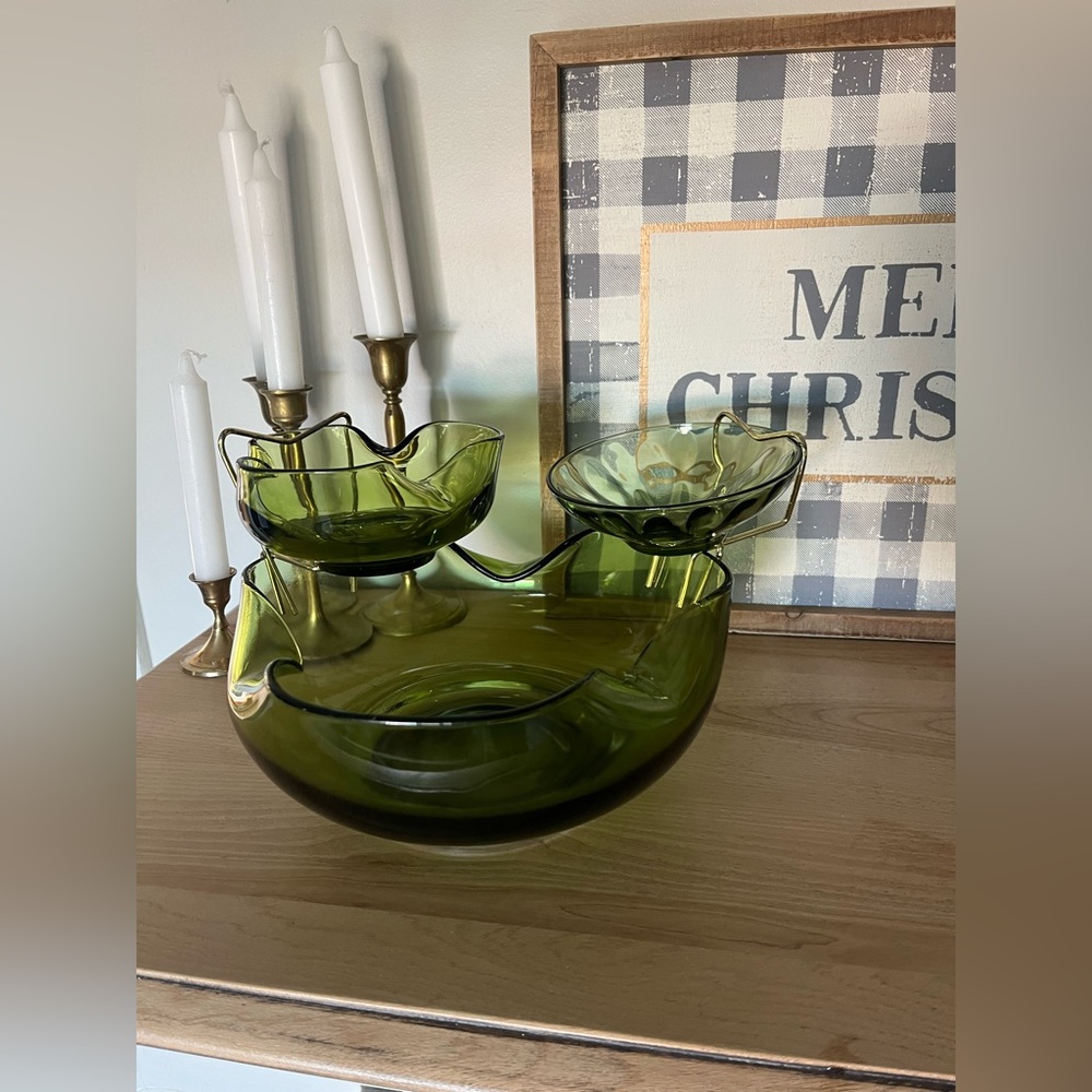 Vintage Anchor Hocking Chip & Dip 3pc bowl set